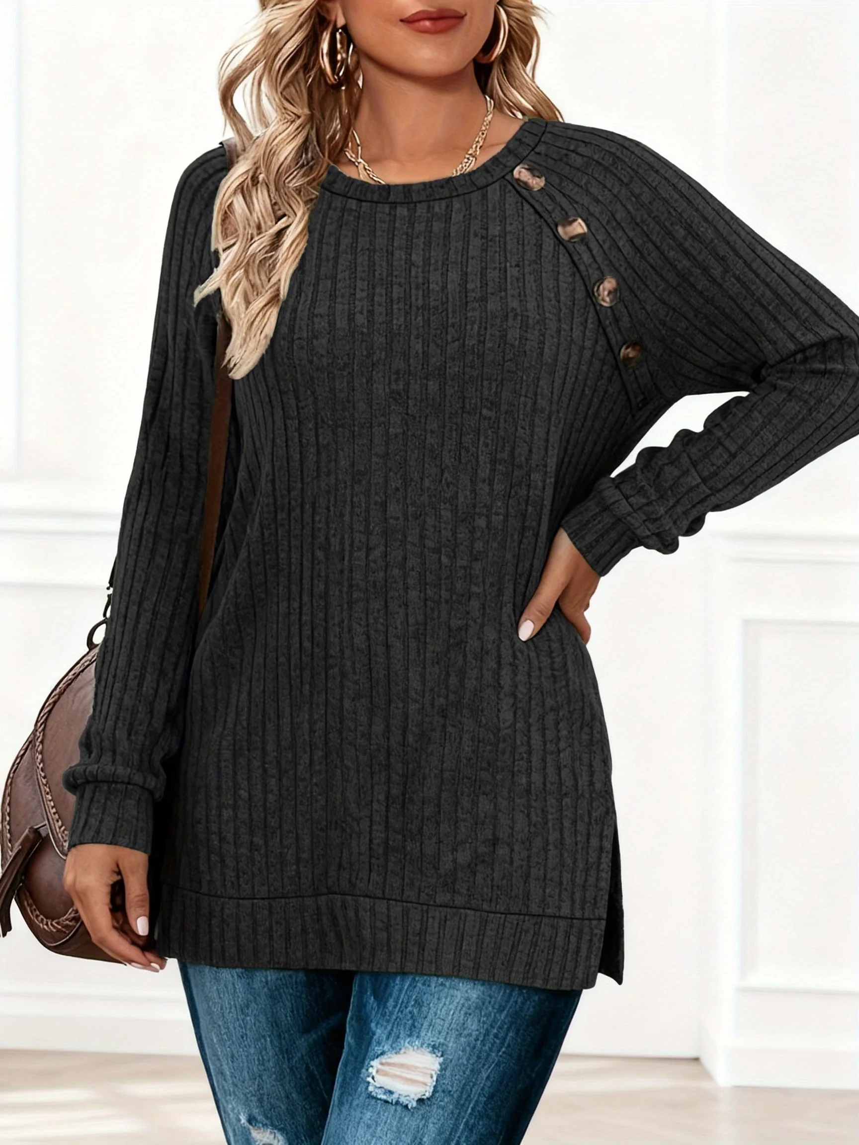 เสื้อสเวตเตอร์ผู้หญิงไซส์ใหญ่แ - Ribbed Knit Sweater บทวิจารณ์และราคา