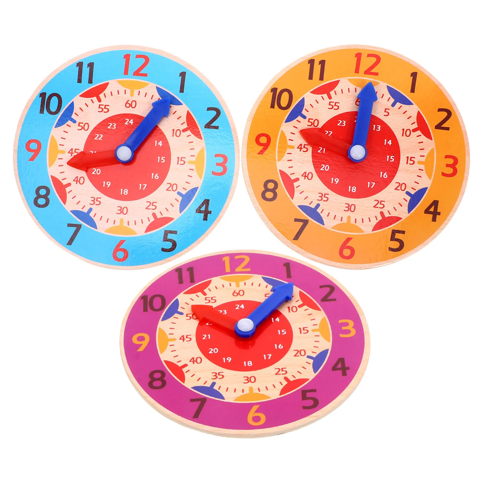 3pcs Kids Clock Wooden Time Learning Educational Teaching Clock For Toddlers Number Color Recognition Simulated Time Cognition