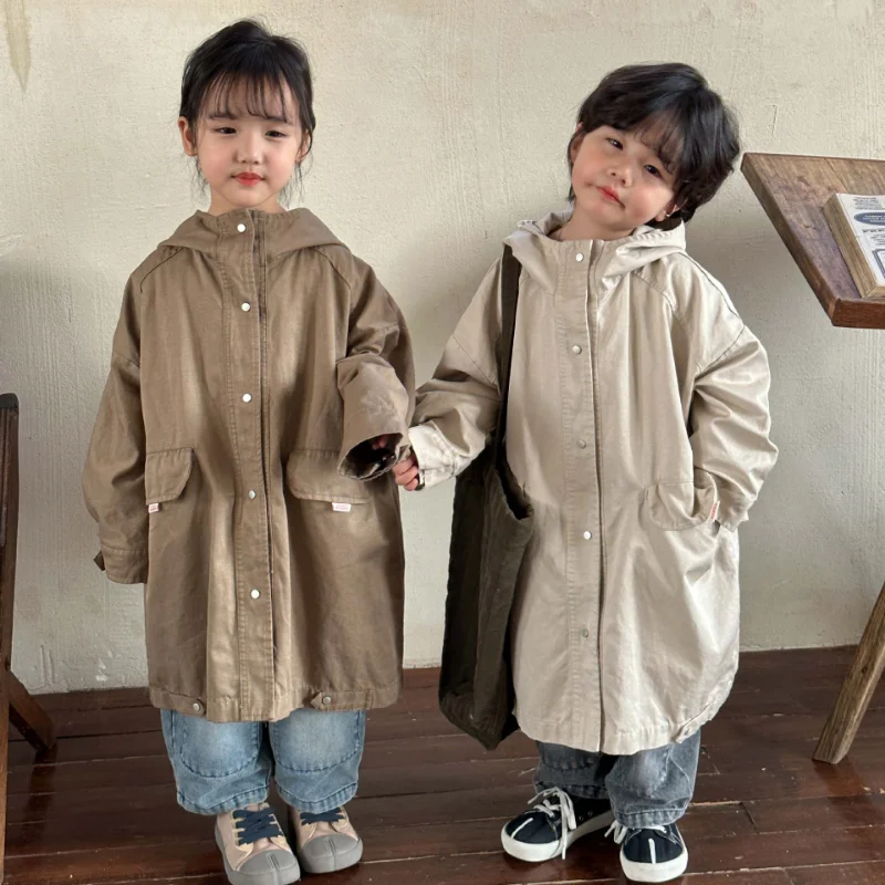 Spring Autumn Kids Coats solid color Mid-length windbreak Boys and girls oversized trench jackets