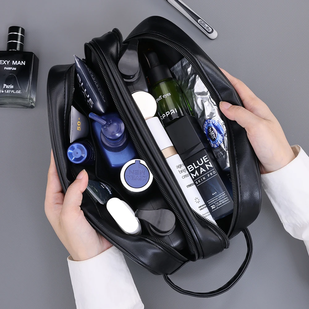 Double-Layer Toiletry Bag for Men PU Leather Travel Wash Organizer Dopp Kit Water-resistant Shaving Cosmetic Bag Strorage