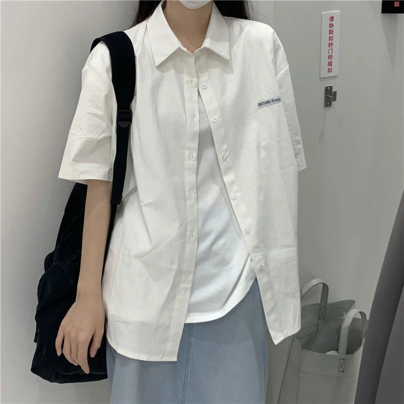 GIDYQ Korean Women White Shirt Elegant Casual Female Loose Short Sleeve Tops College Style All Match Student Button Shirt New