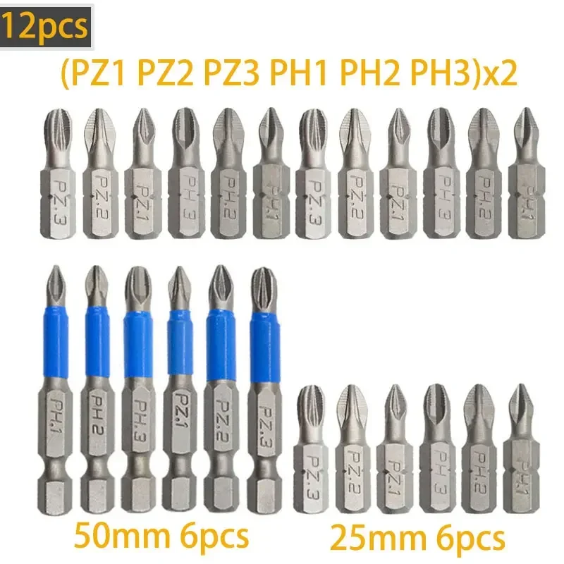 conjunto de chave de fenda de aco bits sem deslizamento para broca chave de fenda s2 magnetica impacto eletrico pz1 pz2 pz3 ph1 ph2 ph3 12 pcs 50 mm 25 mm 01