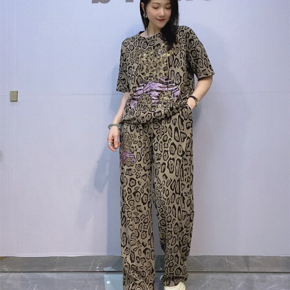 

Комплекты из двух предметов, женские наряды, винтажный стиль, леопардовый принт, мультяшный медведь, бриллианты, летний спортивный костюм, комплекты брюк, женский трикотаж