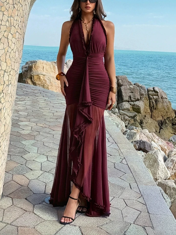 

Lady High Waist Hollow Out Wrap Hips Dress Sexy V-neck Ruffles Slim Evening Dress Temperament Backless Sleeveless Banquet Dress