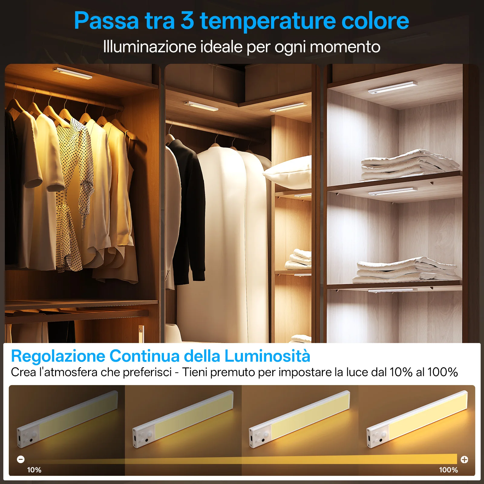 Immagine 4: PZSUNLY Luce LED Wireless Sottopensile, Lampada Notturna Dimmerabile con Sensore di Movimento Ricaricabile Type-C per Cucina, Armadio, Comodino, Scale, Illuminazione Interna, Regalo