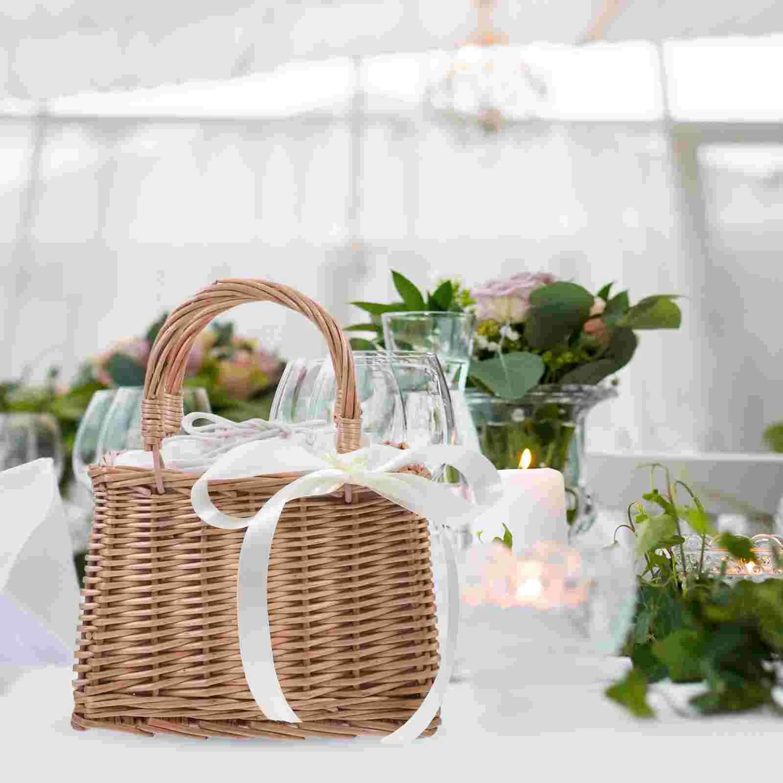 Rattan Flower Basket Gift Storage Straw Beach Bag Hand Container Handmade White Handbag Decorative Woven Wicker Packing