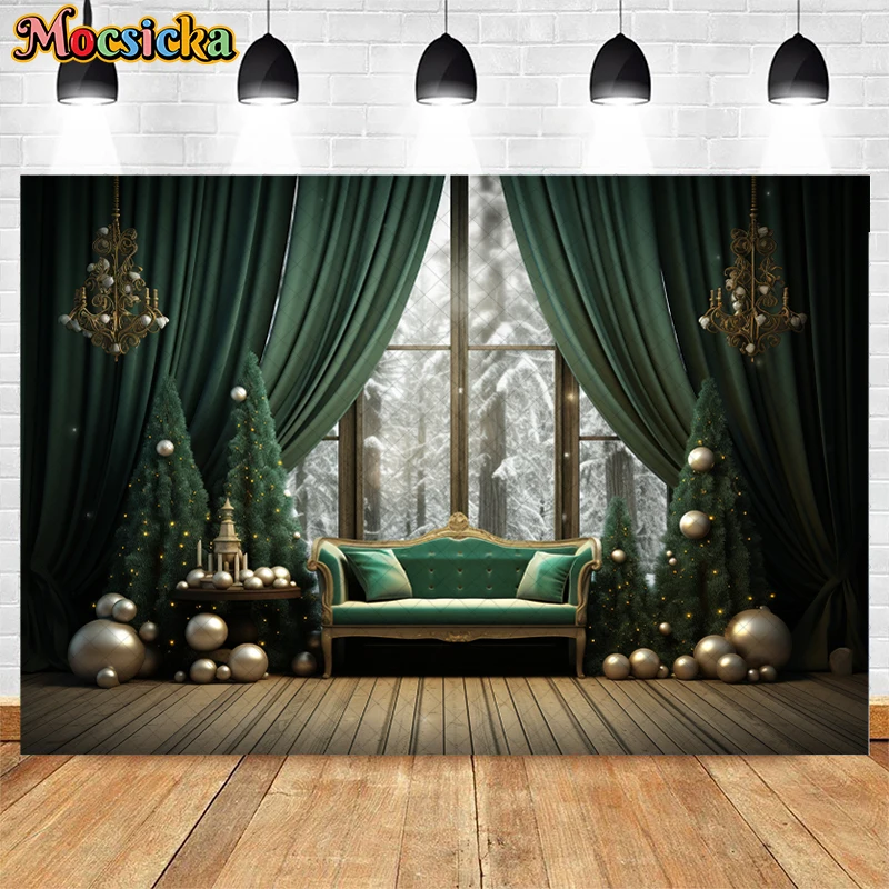 Christmas Living Room Backdrop Photography Xmas Tree Window Green Curtains Decor Kids Adult Portrait Photo Background Banner