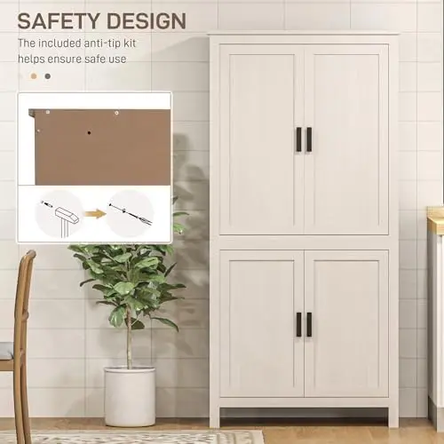 64' Kitchen Pantry Cabinet, Freestanding with 4 Doors, 3 Adjustable Shelves, Antique White