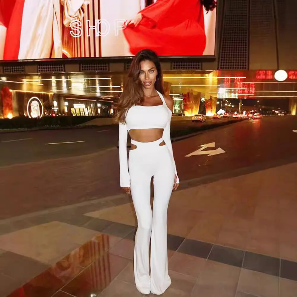 

Осенний женский сексуальный топ с длинными рукавами и подвесным воротником, 2023, с полой талией и брюками с микророгами, комплект из двух предметов