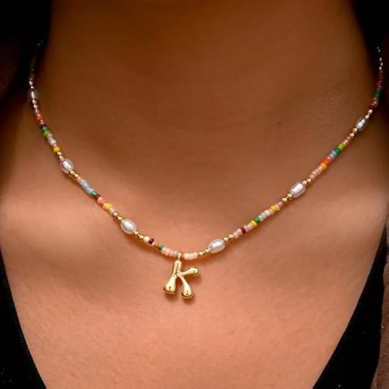 Light Colorful Beaded Pearl Initial Necklace 14K Gold Bubble Pendant Letter Necklaces for Women Teens Girls Kids Birthday Gifts