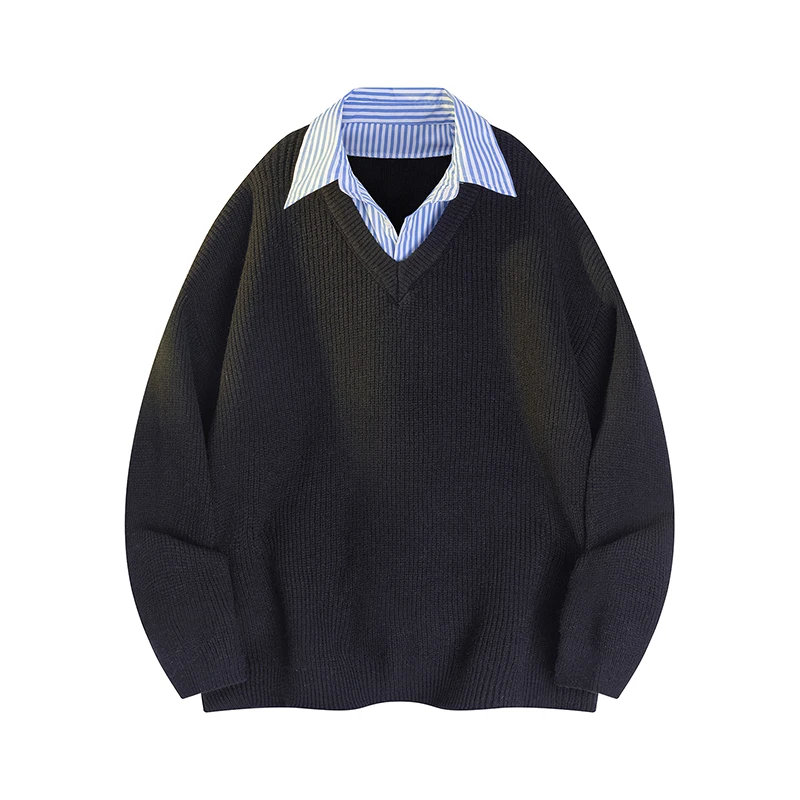 

Retro Fake Two-Piece Shirt with Collar and V-Neck Loose Knit Sweater, Preppy Style Knitwear, Men's Autumn and Winter Retro Outfit, Soft and Cozy Knit Top