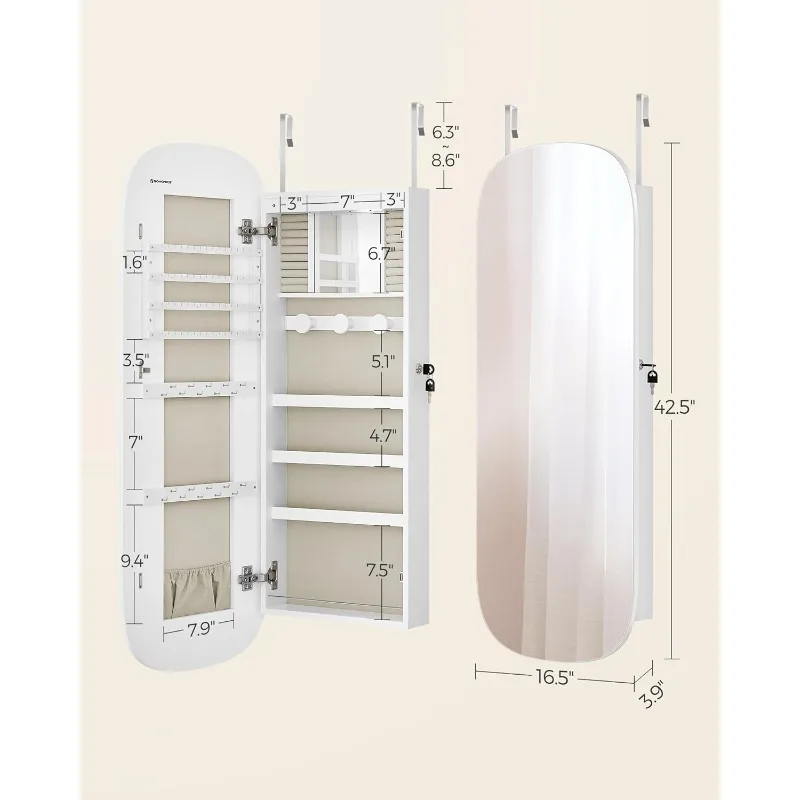 SONGMICS Jewelry Organizer, LED Jewelry Cabinet Wall/Door Mounted, Lockable Rounded Wide Mirror with Storage, Interior Mirror