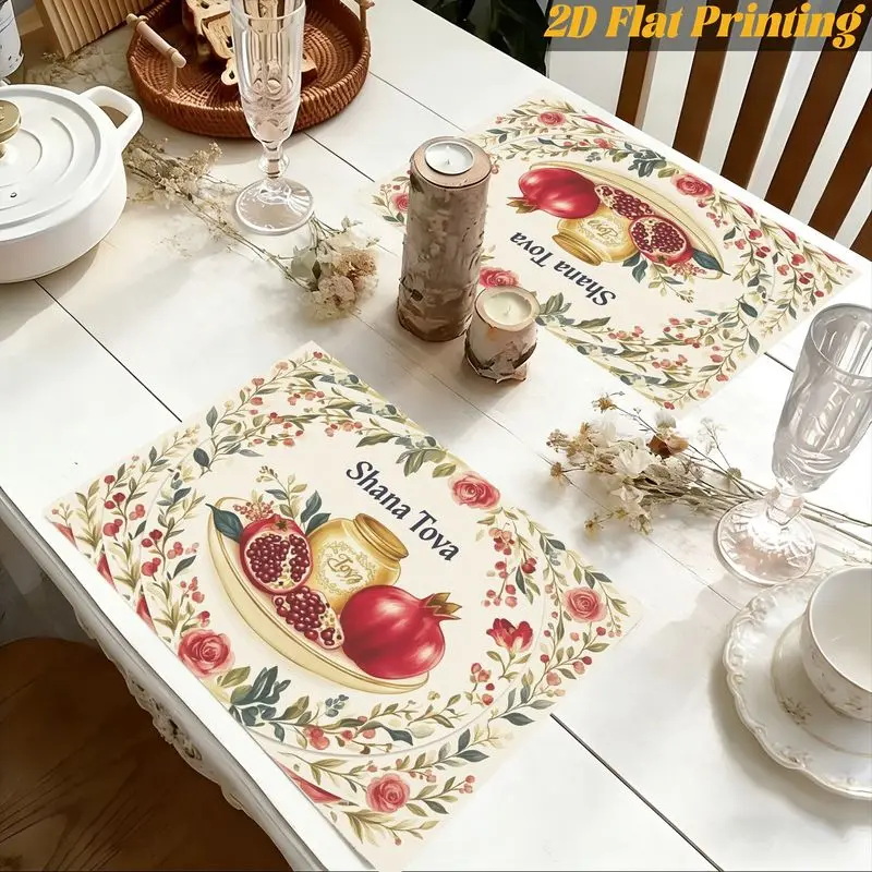 VIKAMA 2/4/6pcs Shana Tova Pomegranate Floral Print Placemats Washable Non Slip Table Mats Jewish Holiday Dining Party Home Deco