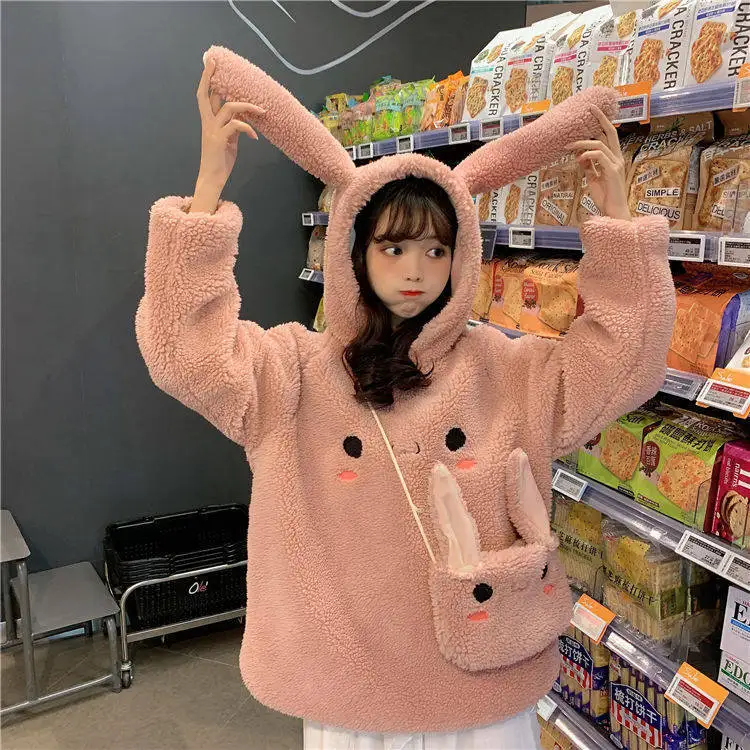 Kawaii Rabbit ears Hoodies for Women Warm Long Sleeve Sweet Rabbit Bag Hooded Female Autumn Winter Korean Loose Cute Sweatshirt