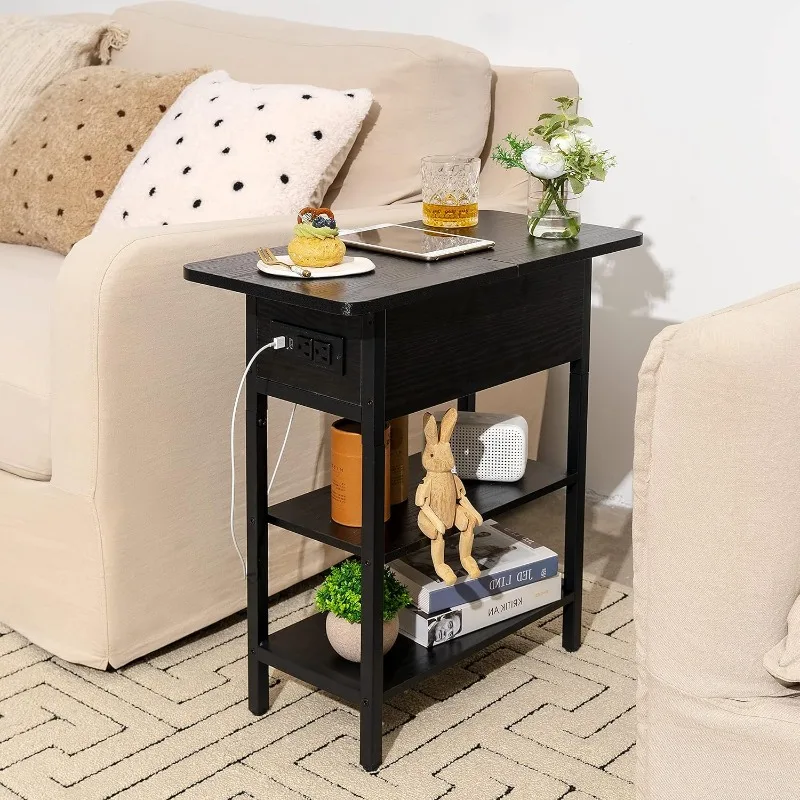 End Table with Charging Station   Table for Living Room Bedroom, Narrow Nightstand with Storage Shelves for Small Space