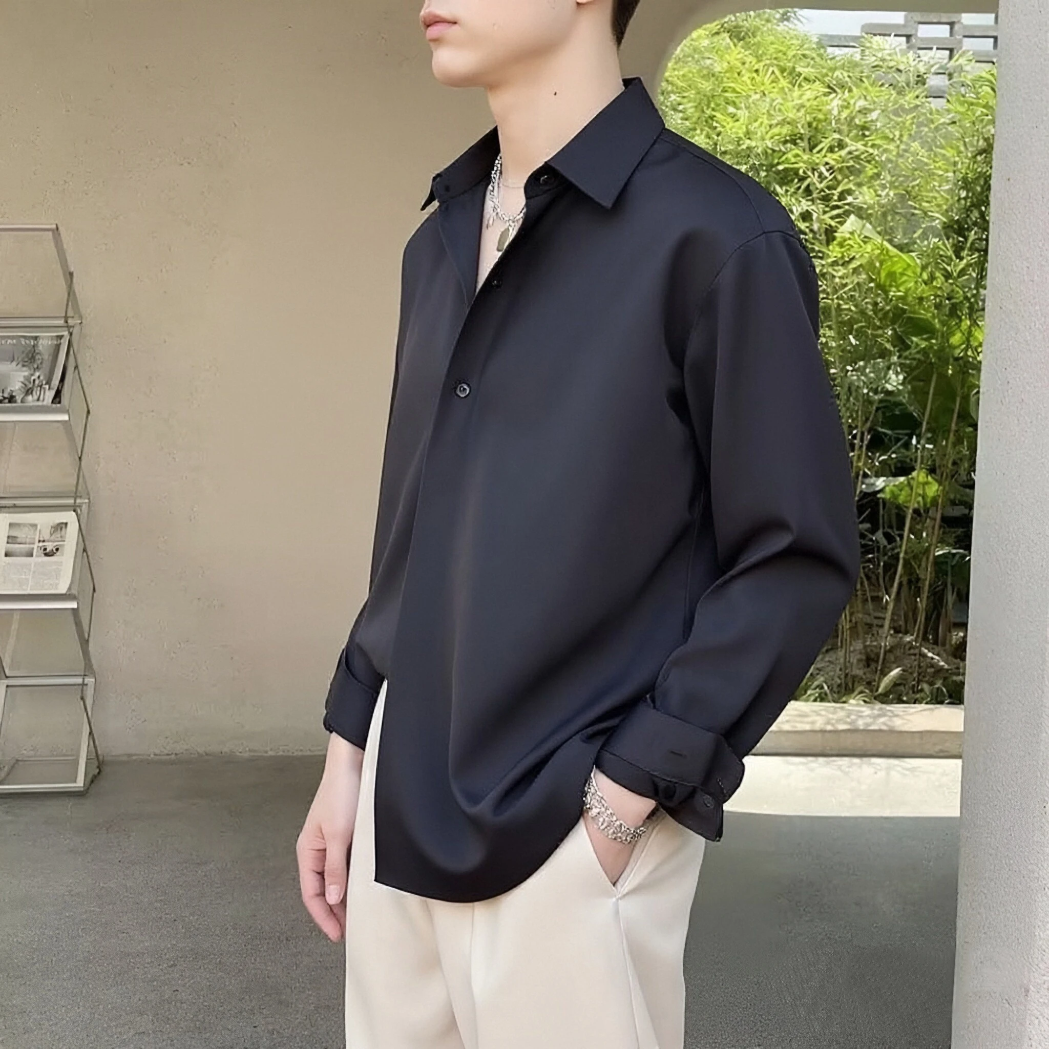 

Рубашка из ледяного шелка, мужская повседневная однотонная летняя модная молодежная рубашка с отложным воротником, формальная рубашка, топ