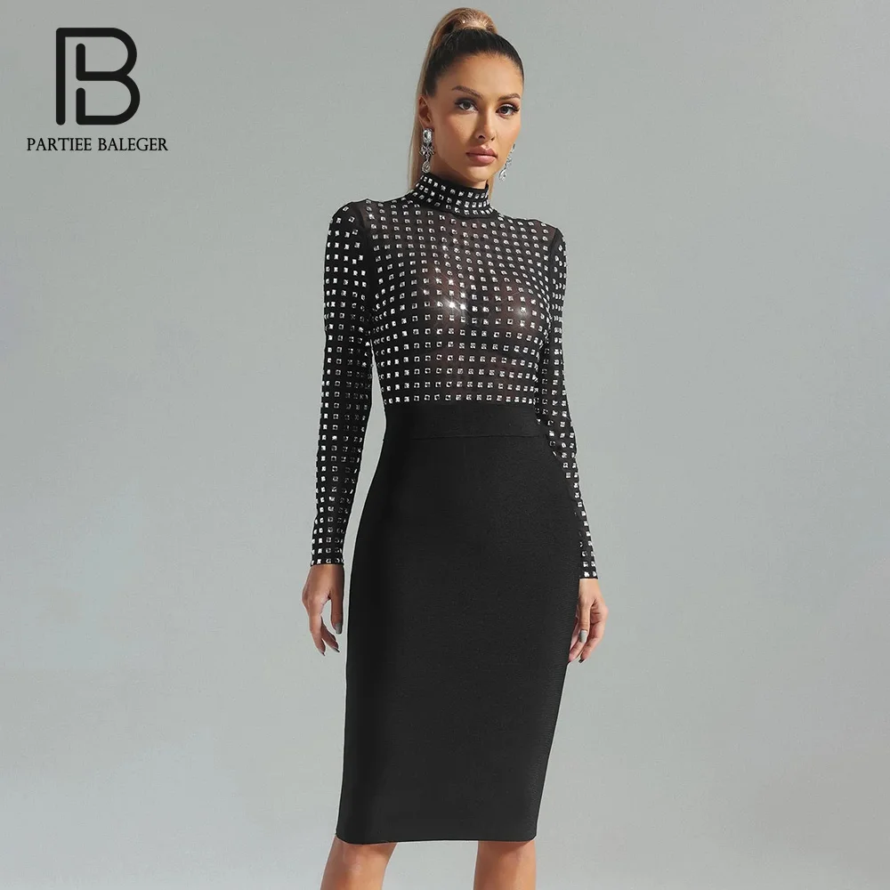 

PB Casual Celebrity Sexy Turtleneck Rhinestones Black Midi Bodycon Bandage Dress Elegant Evening Club Cocktail Party Dress