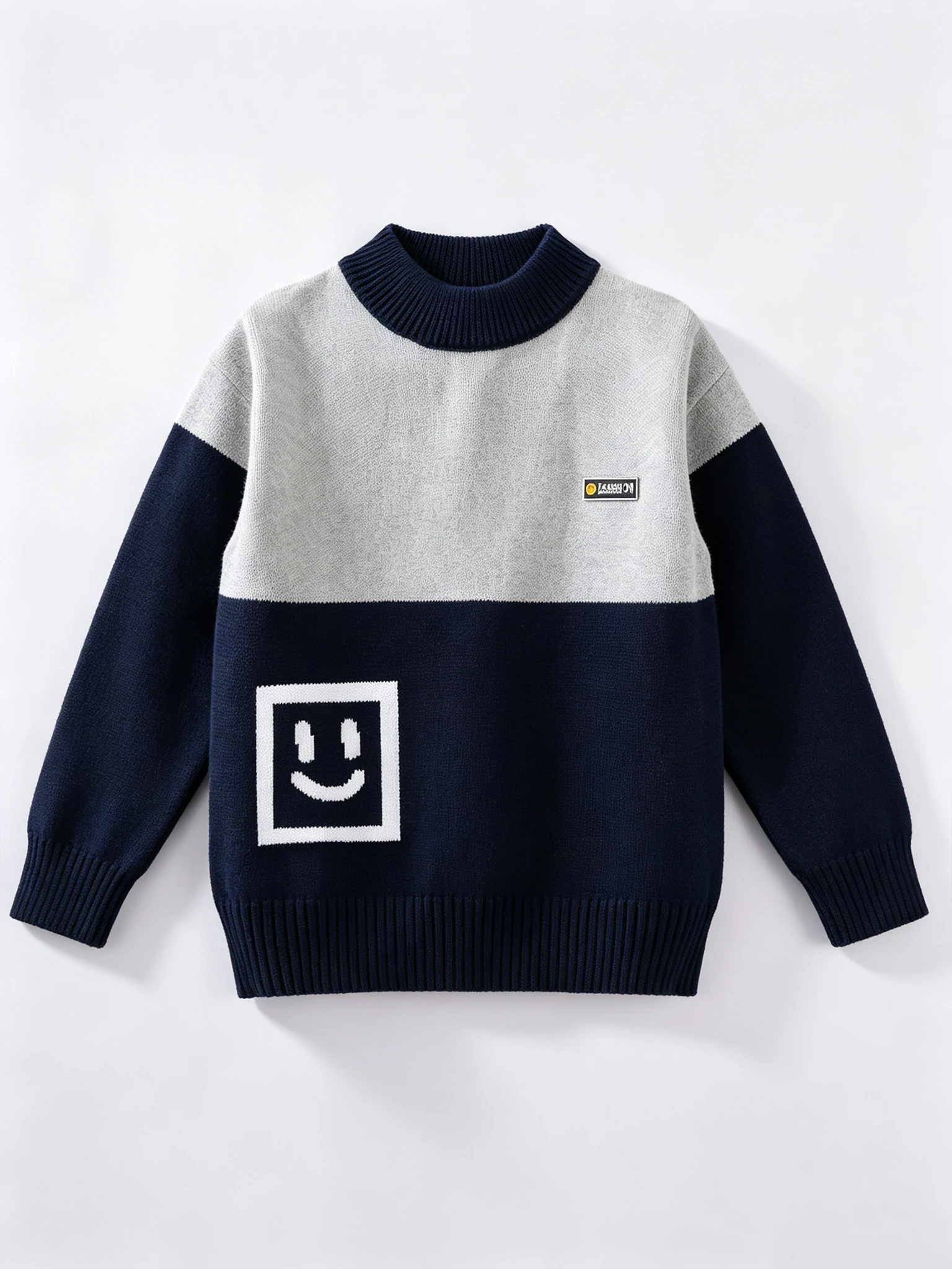 Cheerful Smiley Face Knit Sweater for Boys Block Pullover, Cozy Autumn Winter Top for Kids