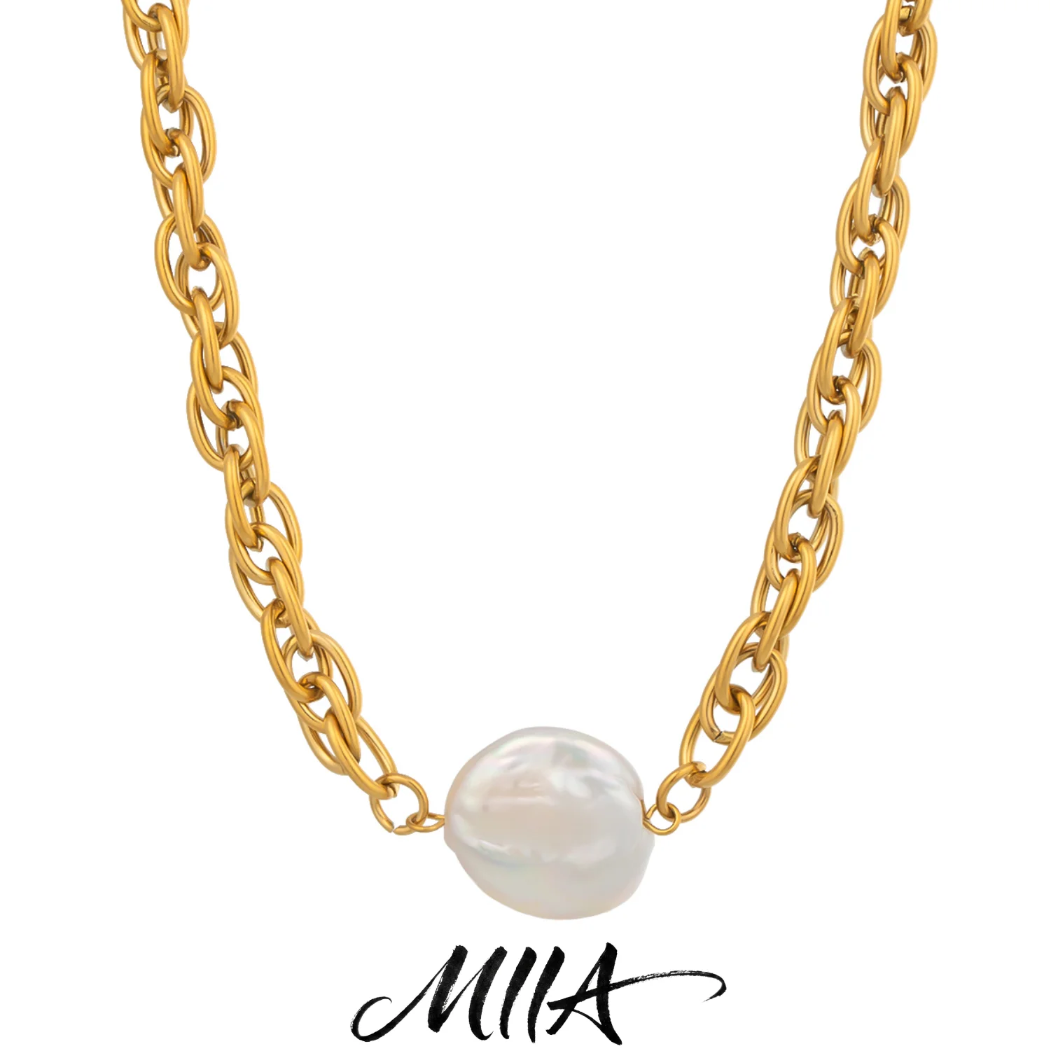 Miia Natural Pearls Pendant Watch Strap Chain Necklace Stainless Steel Handmade Jewelry High Quality Metal Thick Necklace