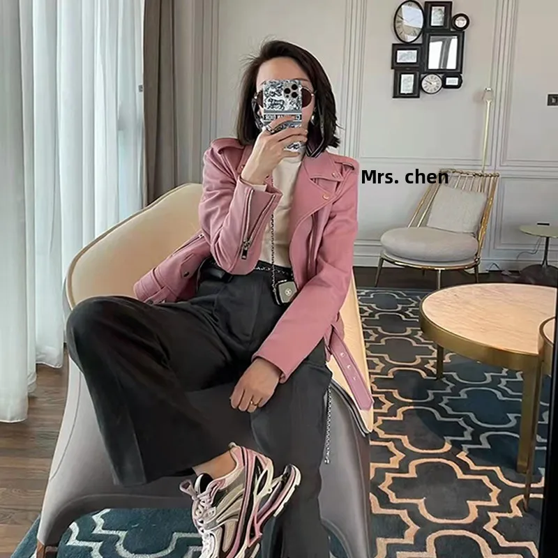 Chen sra. novo couro genuíno motociclista jaet ort eepskin feminino emagrecimento terno colarinho outerwear zíper longo sve primavera