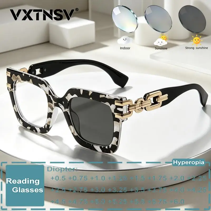 Luxury Design Women Photochromic Reading Glasses Black Square Large Frame Anti Blue Light Prescription Presbyopia Eyeglasses