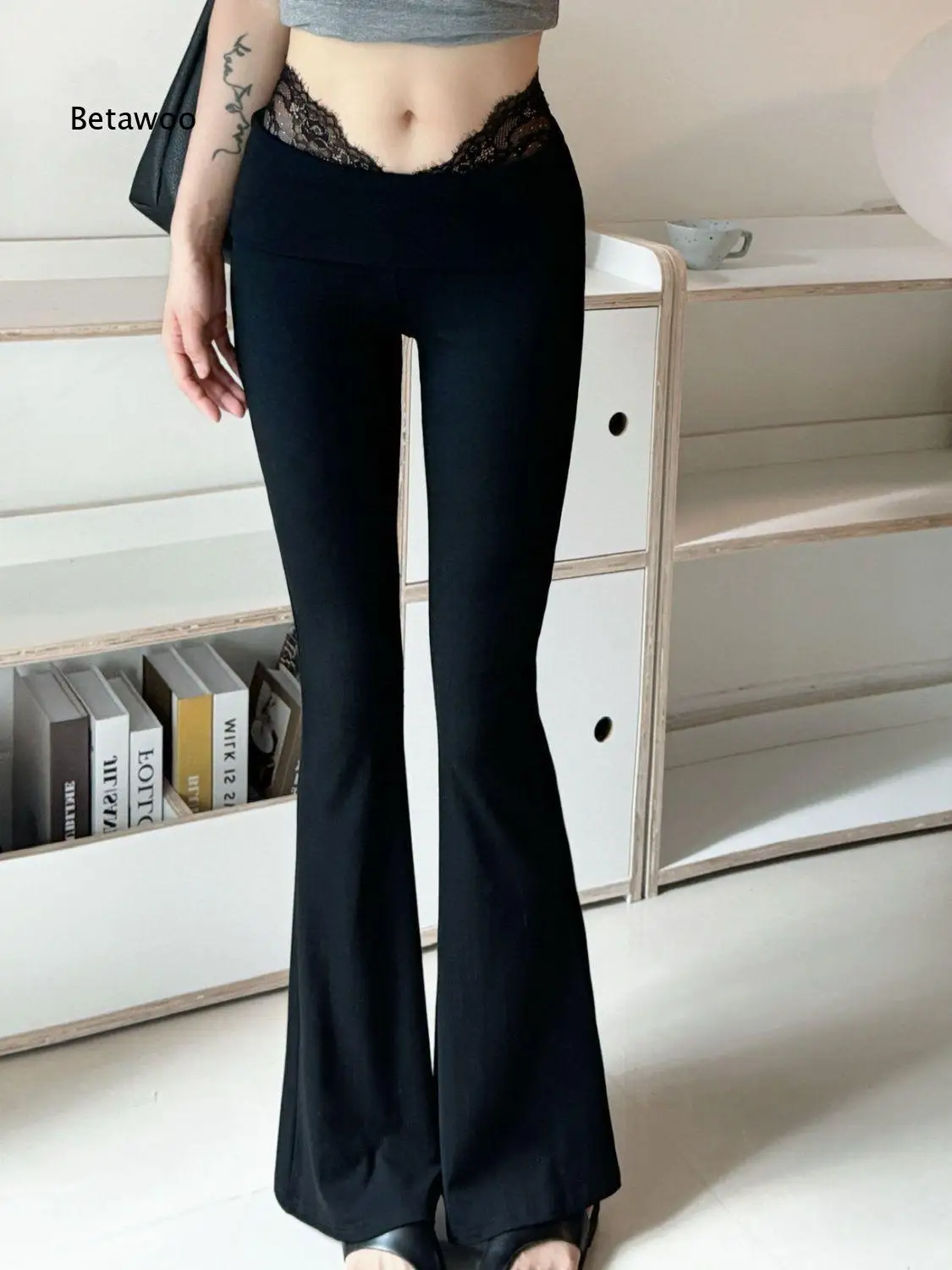 Stretchy Knit Bell Bottom Flare Pants For Women Fold Over Waist Trousers For Daily Casual Streetwear And Dating Outing Events