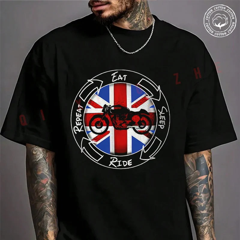 

Cafe Racer Union Jack Eat Sleep Ride Motorcycle T-Shirt Men's Cotton Summer Casual Short Sleeve Round Neck Tees
