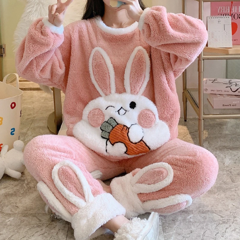 Autumn Sweet Princess Pajamas Set Women Cute Bunny Coral Fleece Warm Sleepwear Home Clothes Girls Kawaii Cartoon Pijama 2 Piece