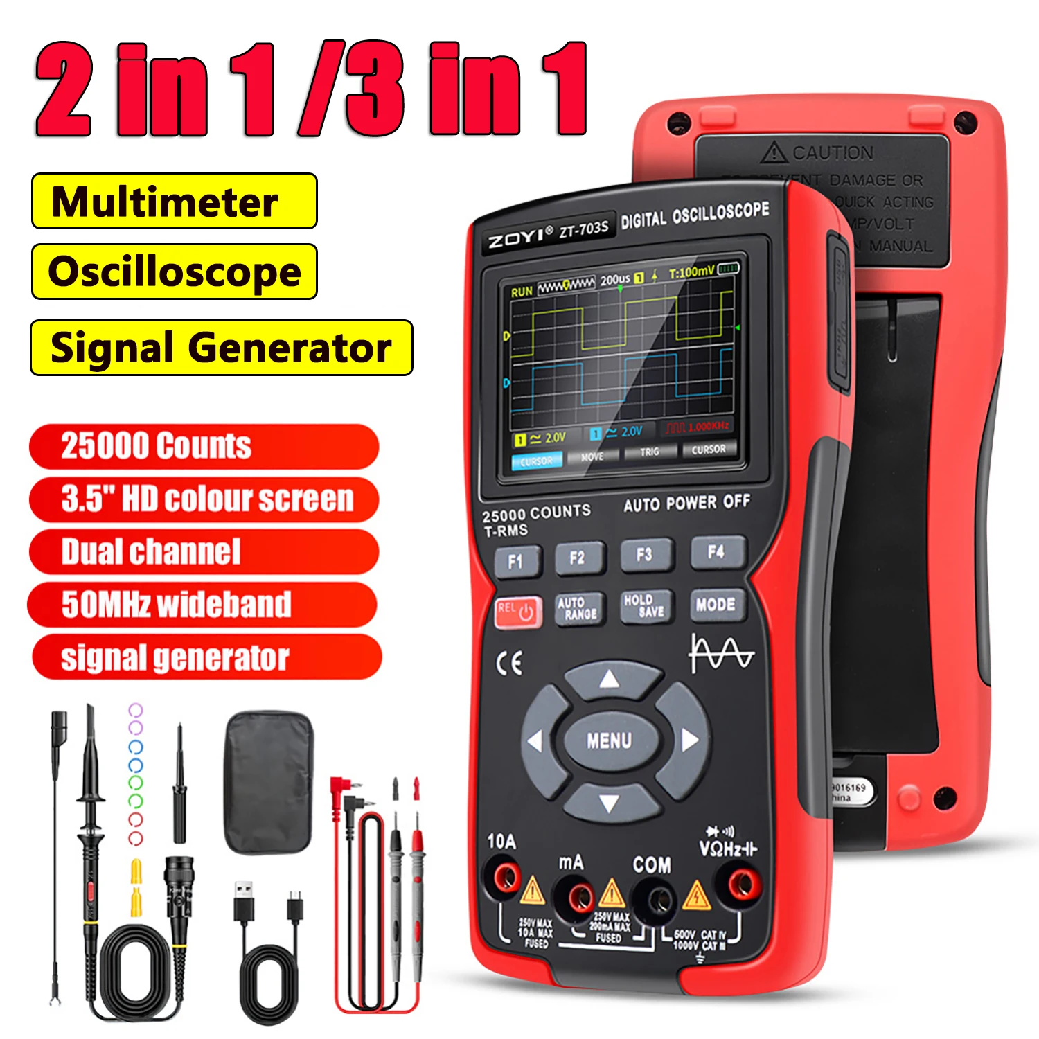 ZT703S 2in1/3in1 Digital Oscilloscope Multimeter 10/50MHz 48MS/280MS Sampling Rate Waveform Data Storage Dual Signal Generator