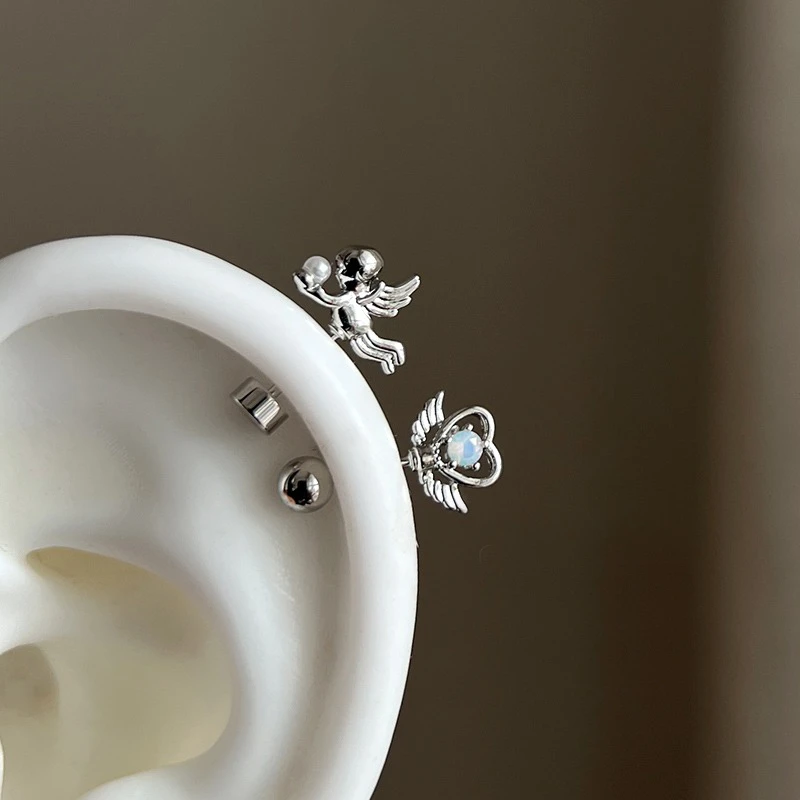 1 PCS Love Wings Fairy Wand Silver Color 316L Stainless Steel Ear Bone Nail for Women