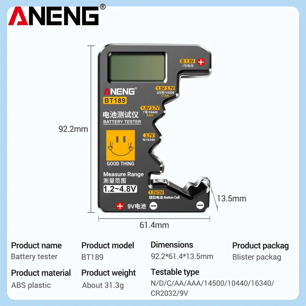 Aneng bt189 testador de bateria de célula de botão 9v n d c aa aaa universal doméstico display lcd testador de bateria detectores de banco de potência ferramentas