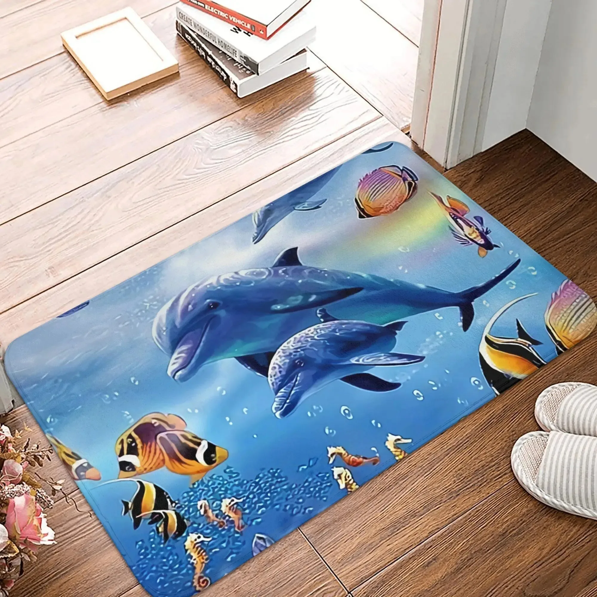 Bright Ocean Dolphin Marine Animal Mat Vivid Cartoon Tropical Fish Seahorse Underwater Print Soft  Entry Hallway Decor Floor Rug