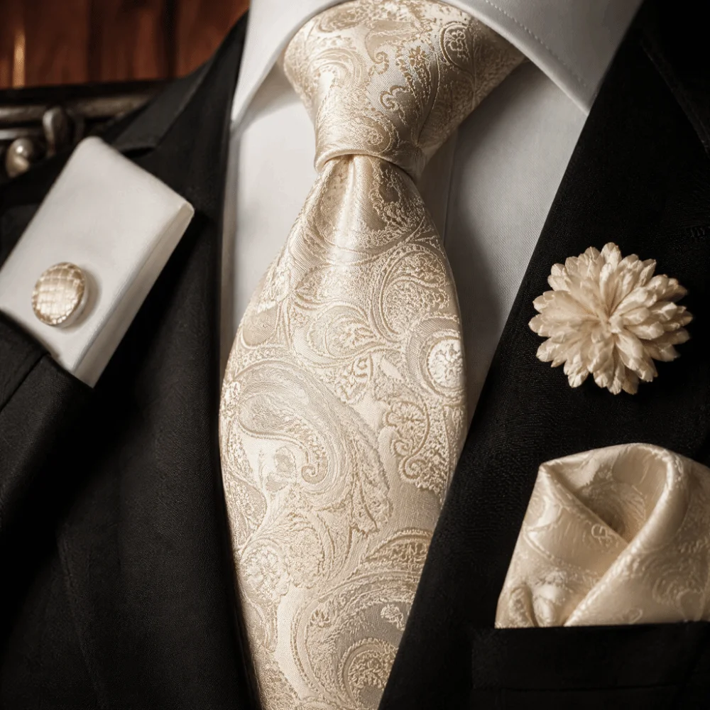Male Gold Blue Men Tie Set Pink Color Solid Stripes Paisley Tie Jacquard Woven 8CM Width Necktie Set Banquet