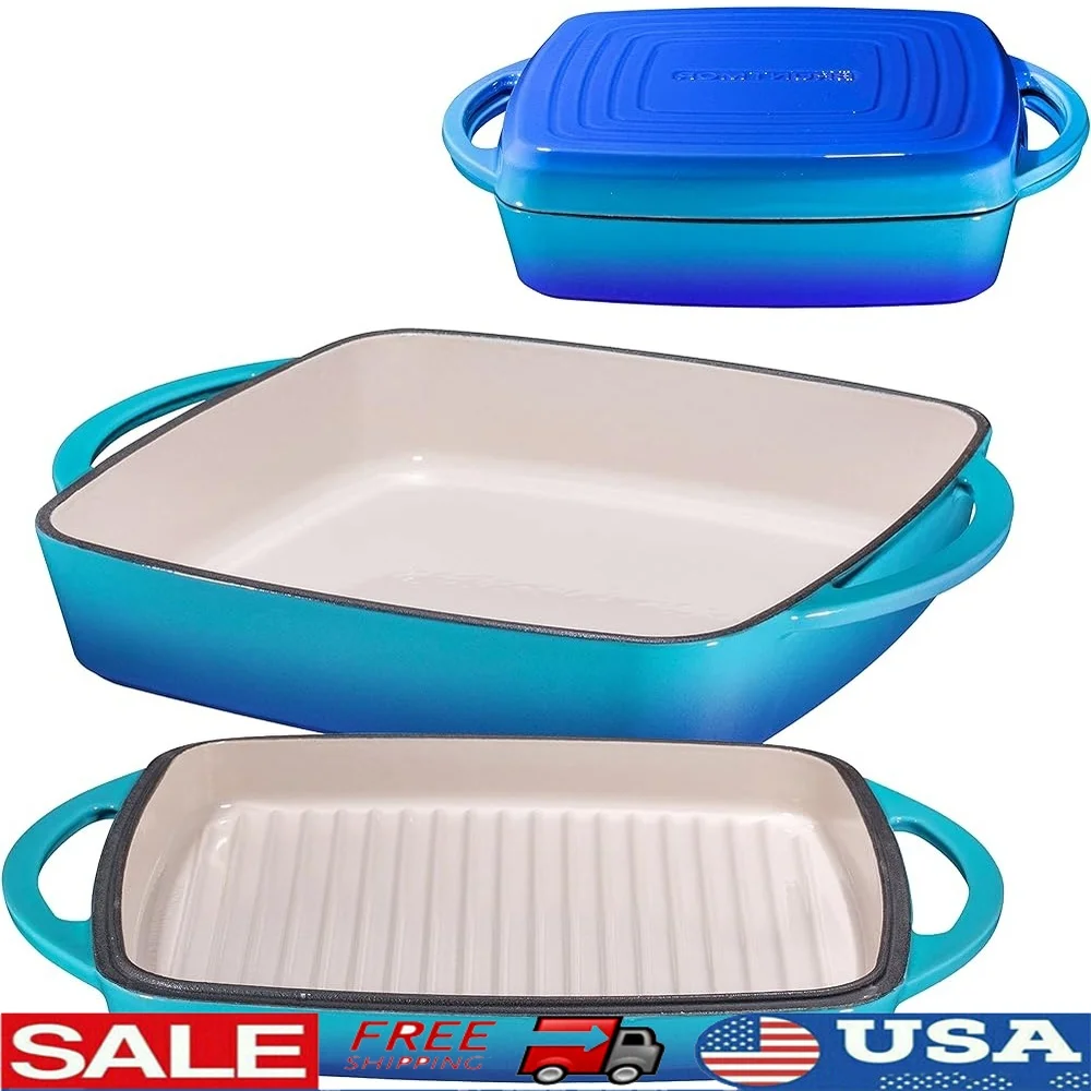 

2-in-1 Pre-Seasoned Square Cast Iron Dutch Oven with Dual Handles Non Stick Pan with Grill All-in-One Cookware Set Cast Iron