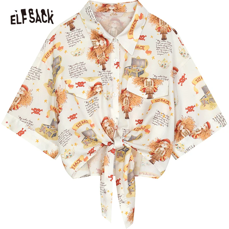 ELFSACK 2024 Summer New Arrivals Retro cartoon full printed short sleeved shirt with women\'s design sense, loose fit, sporty and