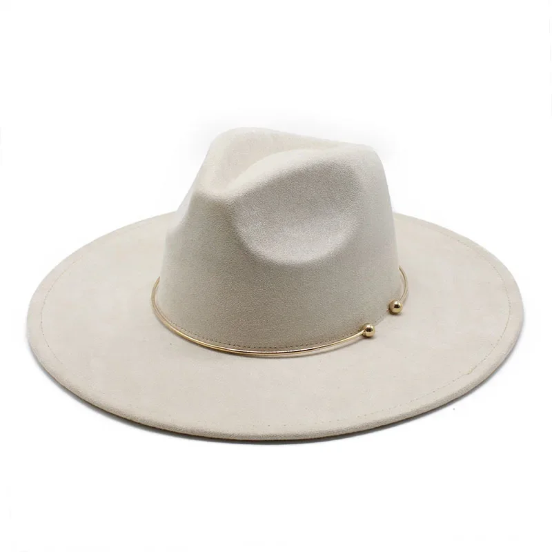 

Suede Fedora Hats for Women 9.5cm Wide Brim Panama Western Cowboy Hat Gold Circle Men Autumn Winter Jazz Church Sombrero Caps