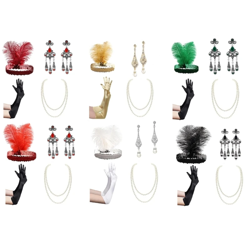 

652F 1920s Great Gatsby Accessories Set,Flapper Costume Accessories Roaring 20s Accessories for Women Flapper Headpiece Glove