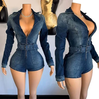 Dame denim romper met lange mouwen, streetwear, sexy rits, v-hals, riem, jean jumpsuit, shorts voor dames, nieuwkomers 2025, lentekleding