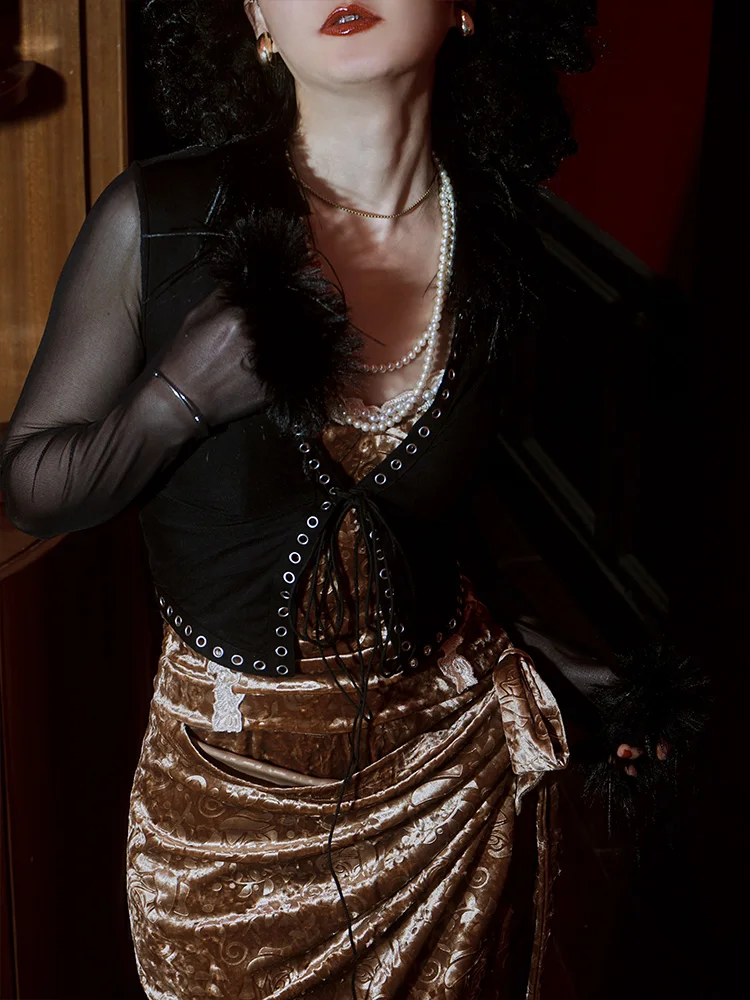 

Bla Feathers Splice High Elastic Net Sve ort Sle Women's Cardigan Coat Sexy Sle Polyester Fiber Spandex Spring Autumn