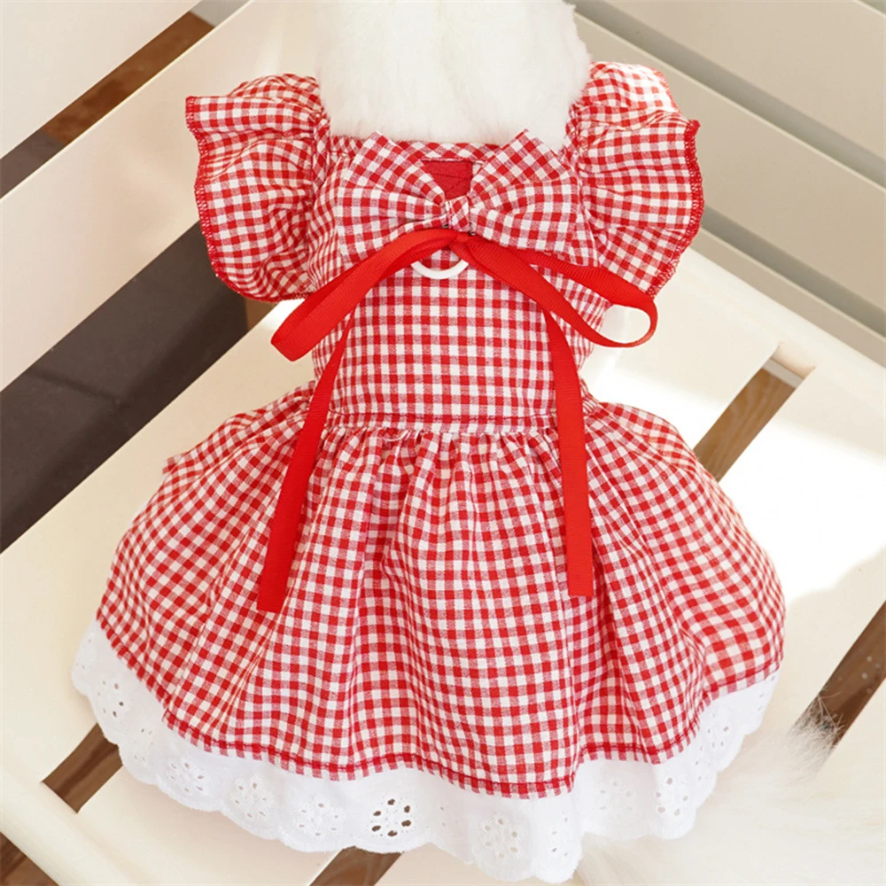 Spring Summer Dog Princess Dress Red Plaid Floral Printed Pet Skirt Bow Lace Dress For Small Medium Cat Dogs Puppy Clothes