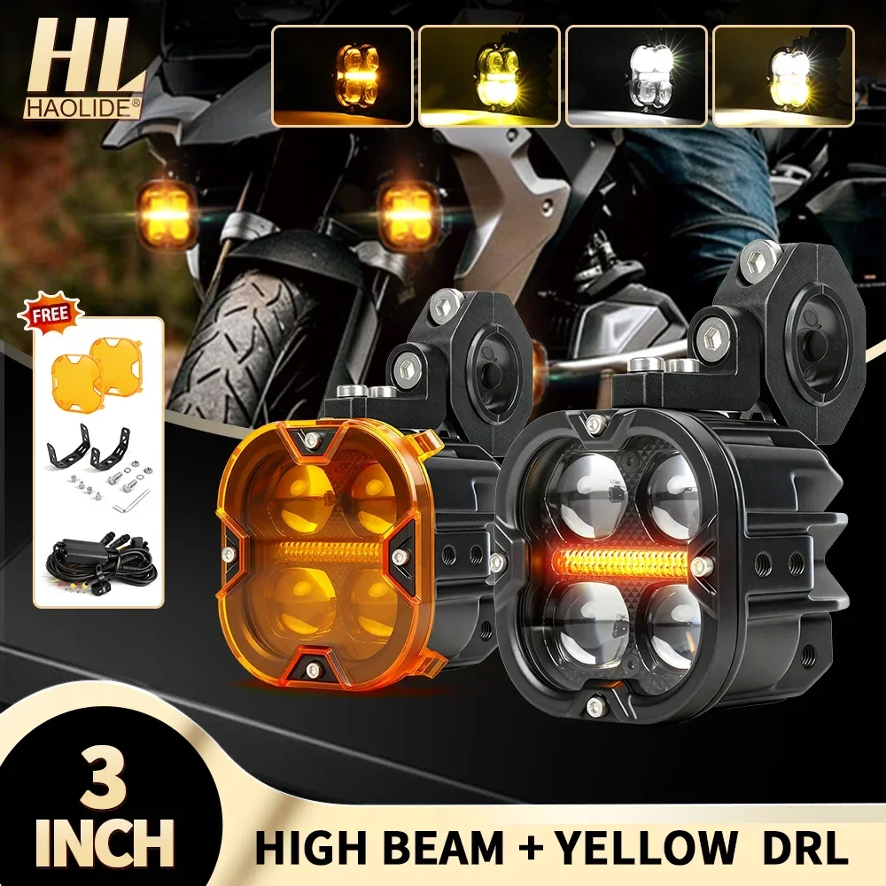 

HAOLIDE 3inch Motorcycle Driving Light Dual Color 6000k 3500k High Low Beam Amber DRL Led Work Light for off-road use Motorbike