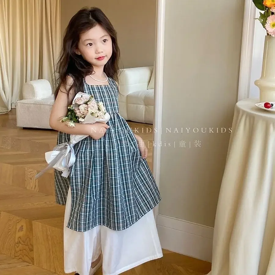 

Summer Green Plaid Dress Set Pants Children Clothing Set Two Pieces Set Dress Lolita Child Girls Teens Party Princess Sundress