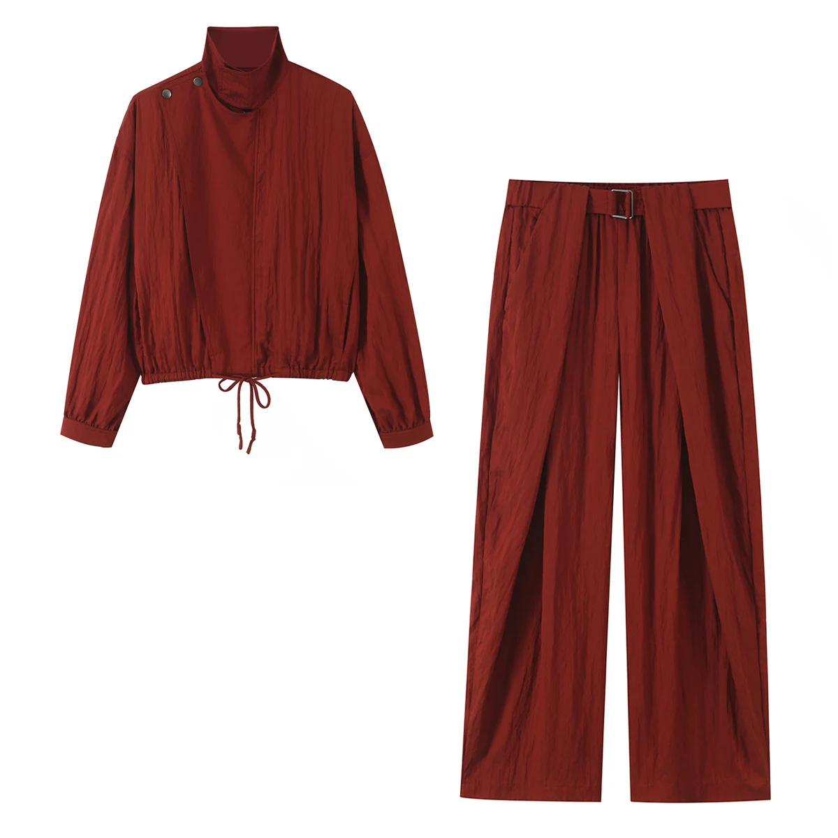 BSAY Vintage Einfarbiges Damen-Zweiteiler-Set Asymmetrische Knopfjacke mit Stehkragen und Kordelzug, Hochtaillierte Hose mit Gürtel und weitem Bein – Detail 3