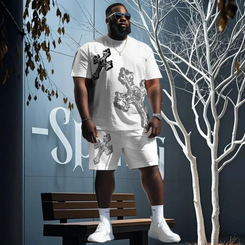 

25/26 New Summer Set Men's T-shirt Trendy American Street Printed Round Neck Men's Set Trendy Handsome Sports Two Piece Set