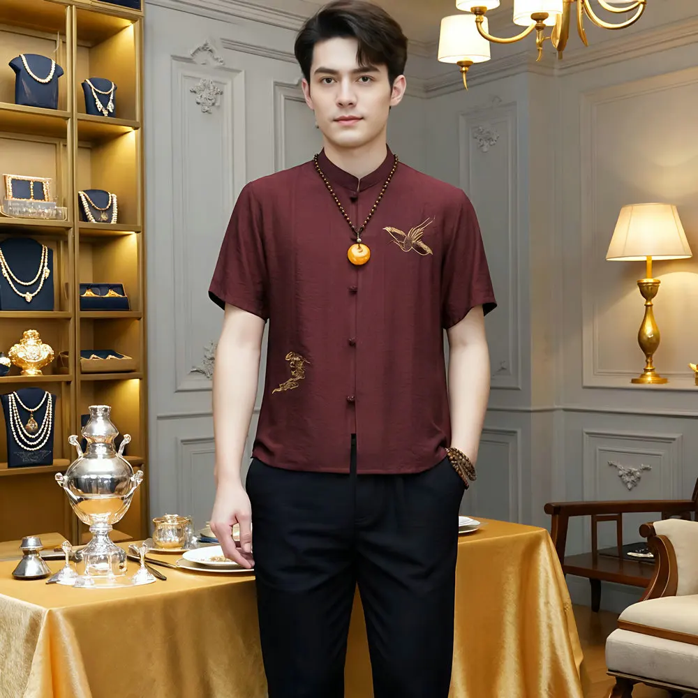 

Мужская рубашка в стиле дзен, белый, красный топ с вышивкой птицы, летняя уютная туника с короткими рукавами, рубашка для двора учителя, одежда для старых денег