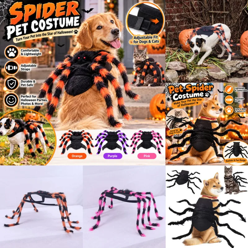 Halloween Spider Pet Costume, Faux Fur Black Spider Legs Cosplay Outfit For Dogs Cats, Funny Small Animal Fancy Dress Party Gift