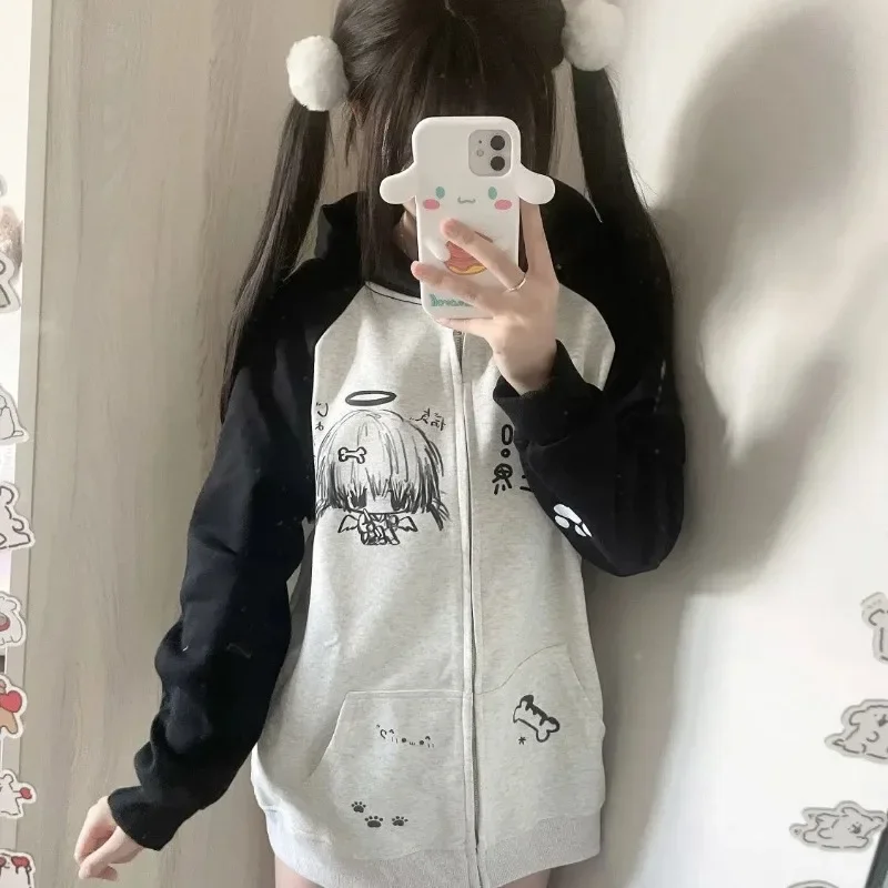 

Y2k аниме японский универсальный свитшот женский весенне-осенний новый толстовка пальто женские свободные топы на молнии с длинными рукавами Mujer