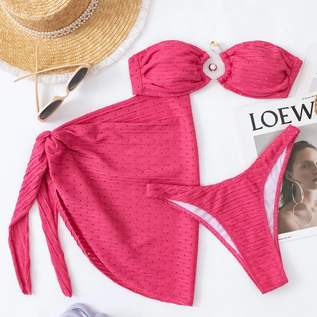

2024 Three Pieces Bikini Set With Skirt Sexy Swimwear Women Swimsuit Solid Push Up Bathing Suit Beachwear Female Biquini