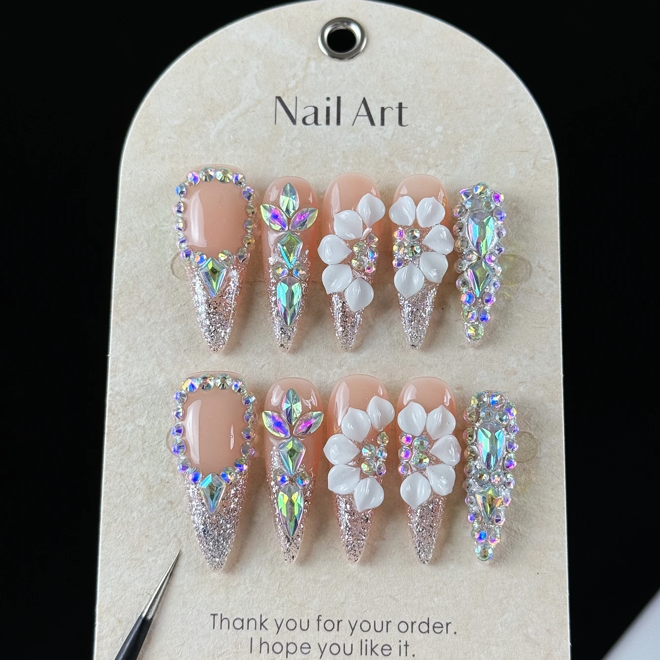 10pcs high-end Luxurious retro style, hand-painted three-dimensional petals, dazzling full of diamonds handmade fake nails