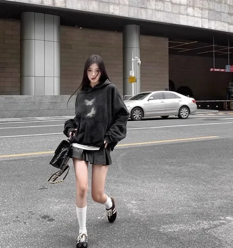 Autumn Winter Butterflies Print Black Hoodie Women Streetwear Harajuku Oversized Hoodies Pullover Sweatshirts Y2k Clothes